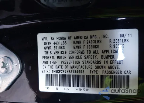 2011 Honda Accord 2.4 Ex from USA, damaged, VIN 1HGCP2F7XBA154903